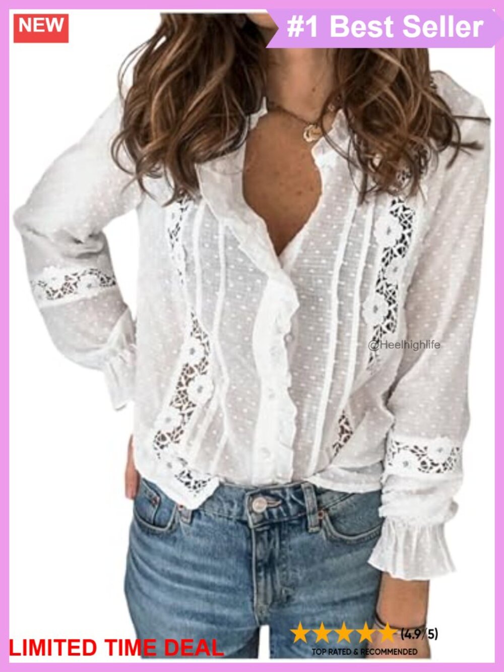 Lace Crochet Tunic Top Flowy V Neck Button Down Blouse